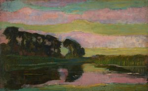 Riverscape with a Row of Trees at Left, Sky with Pink and Yellow-Green Bands: Farmstead on the Gein Screened by Tall Trees, c.late 1907-08 by Piet Mondrian